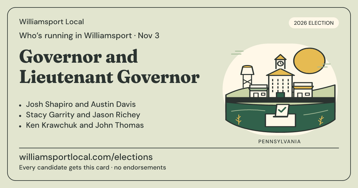 Governor and Lieutenant Governor, November 3, 2026 — Williamsport Local race card